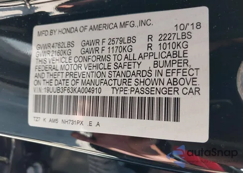 2019 Acura Tlx Tech A-Spec Pkgs из США, поврежденный, VIN 19UUB3F63KA004910